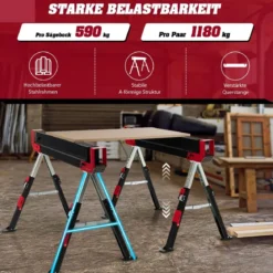 Klappbarer Sägebock im 2er-Pack aus Stahl mit 2 x 4 Stützarmen 61,5–82,7 cm Höhenverstellbar