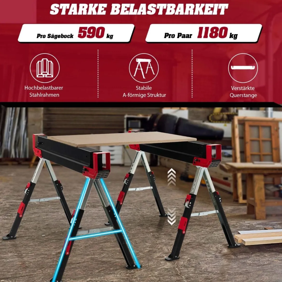 Klappbarer Sägebock im 2er-Pack aus Stahl mit 2 x 4 Stützarmen 61,5–82,7 cm Höhenverstellbar