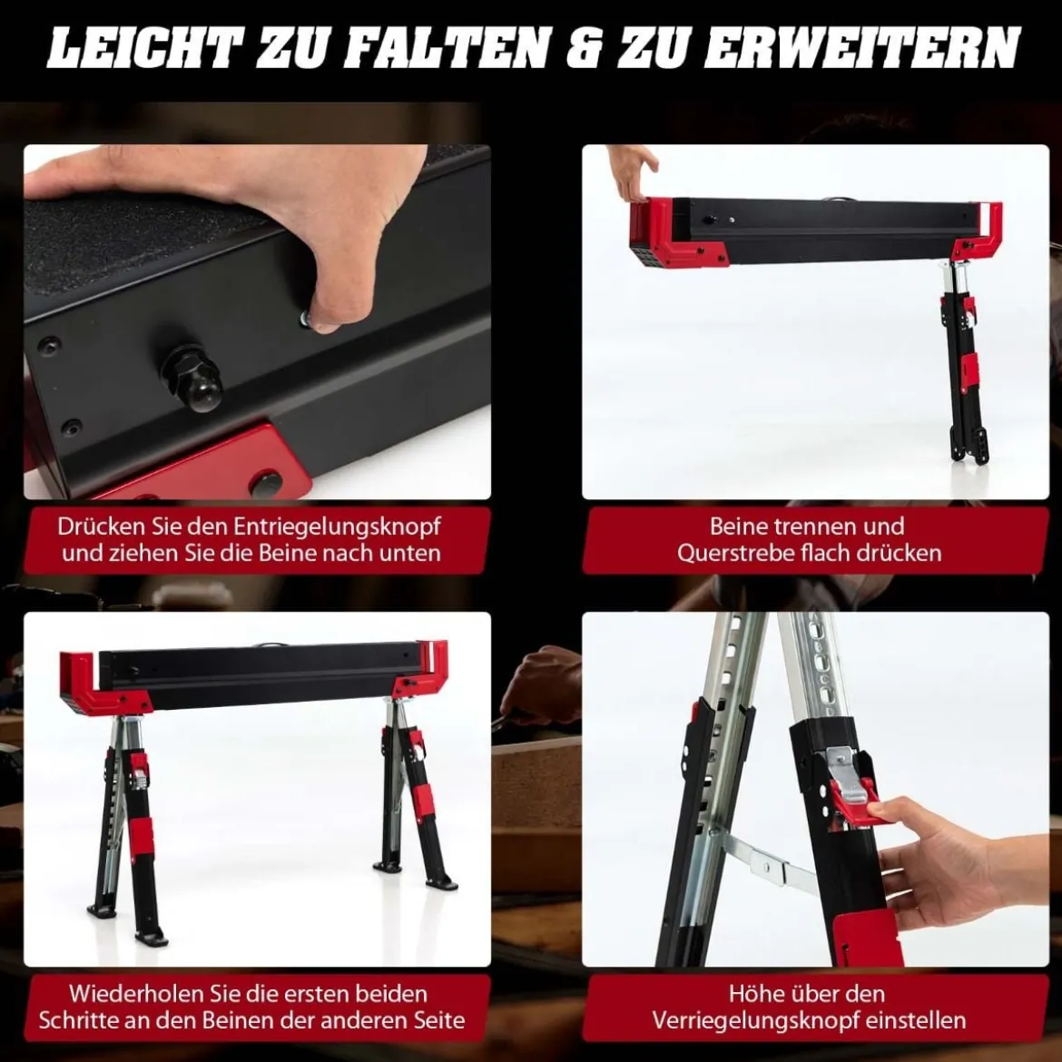 Klappbarer Sägebock im 2er-Pack aus Stahl mit 2 x 4 Stützarmen 61,5–82,7 cm Höhenverstellbar