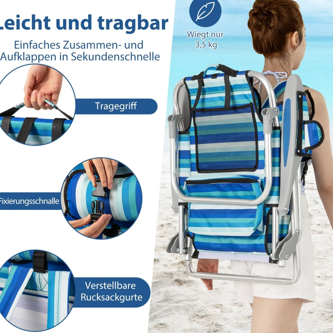 Klappbarer Strandstuhl mit Verstellbarer Rückenlehne & Kühltasche Campingstuhl