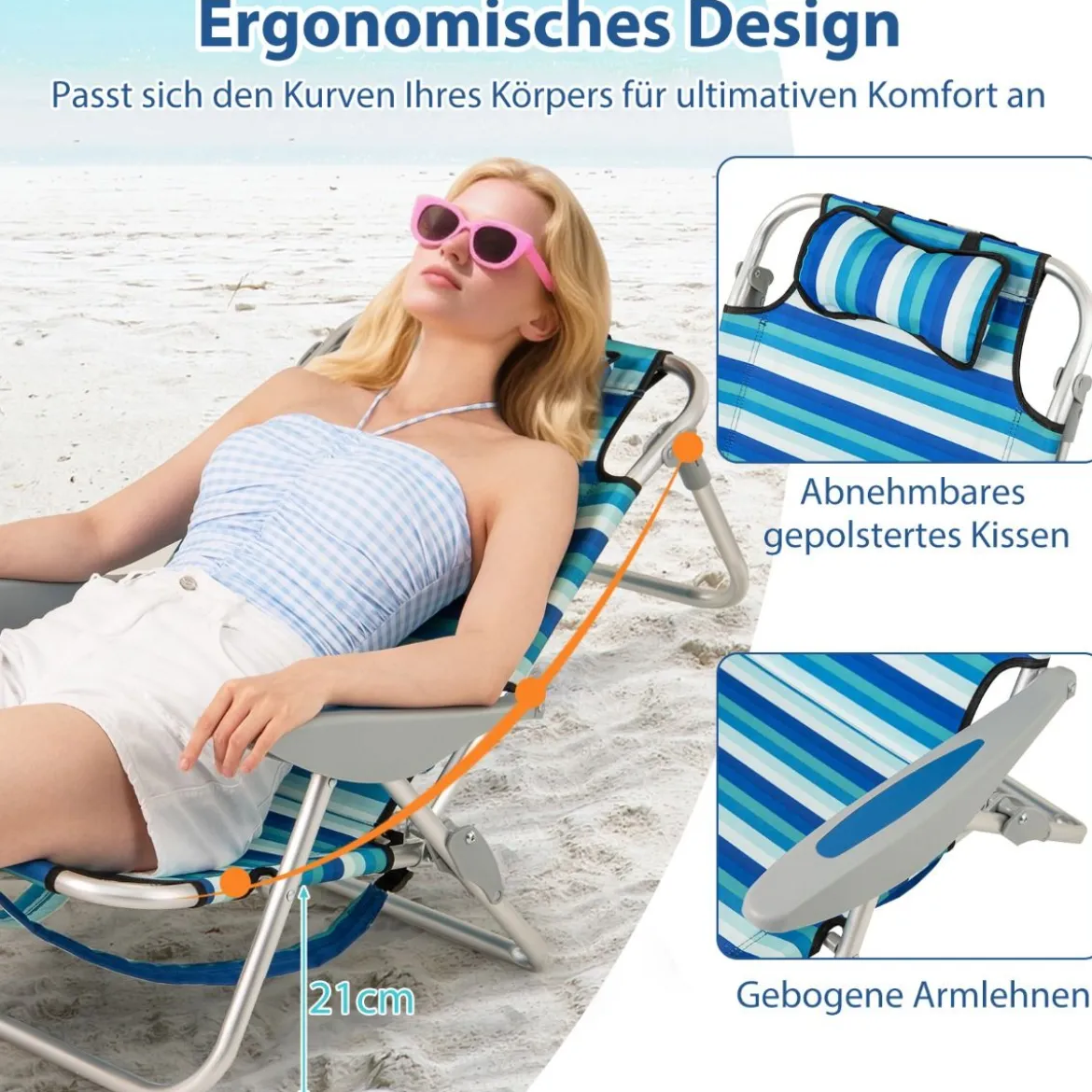 Klappbarer Strandstuhl mit Verstellbarer Rückenlehne & Kühltasche Campingstuhl