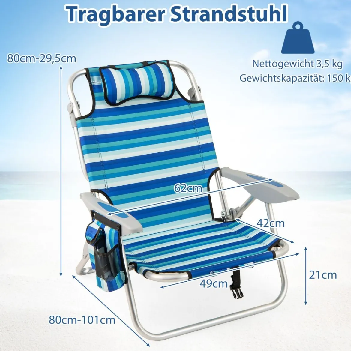 Klappbarer Strandstuhl mit Verstellbarer Rückenlehne & Kühltasche Campingstuhl