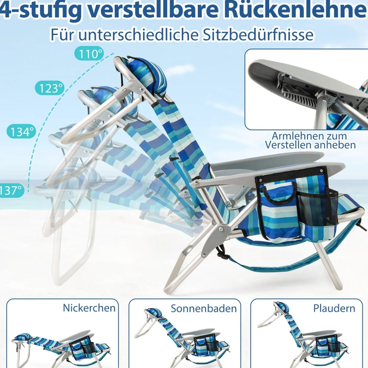 Klappbarer Strandstuhl mit Verstellbarer Rückenlehne & Kühltasche Campingstuhl