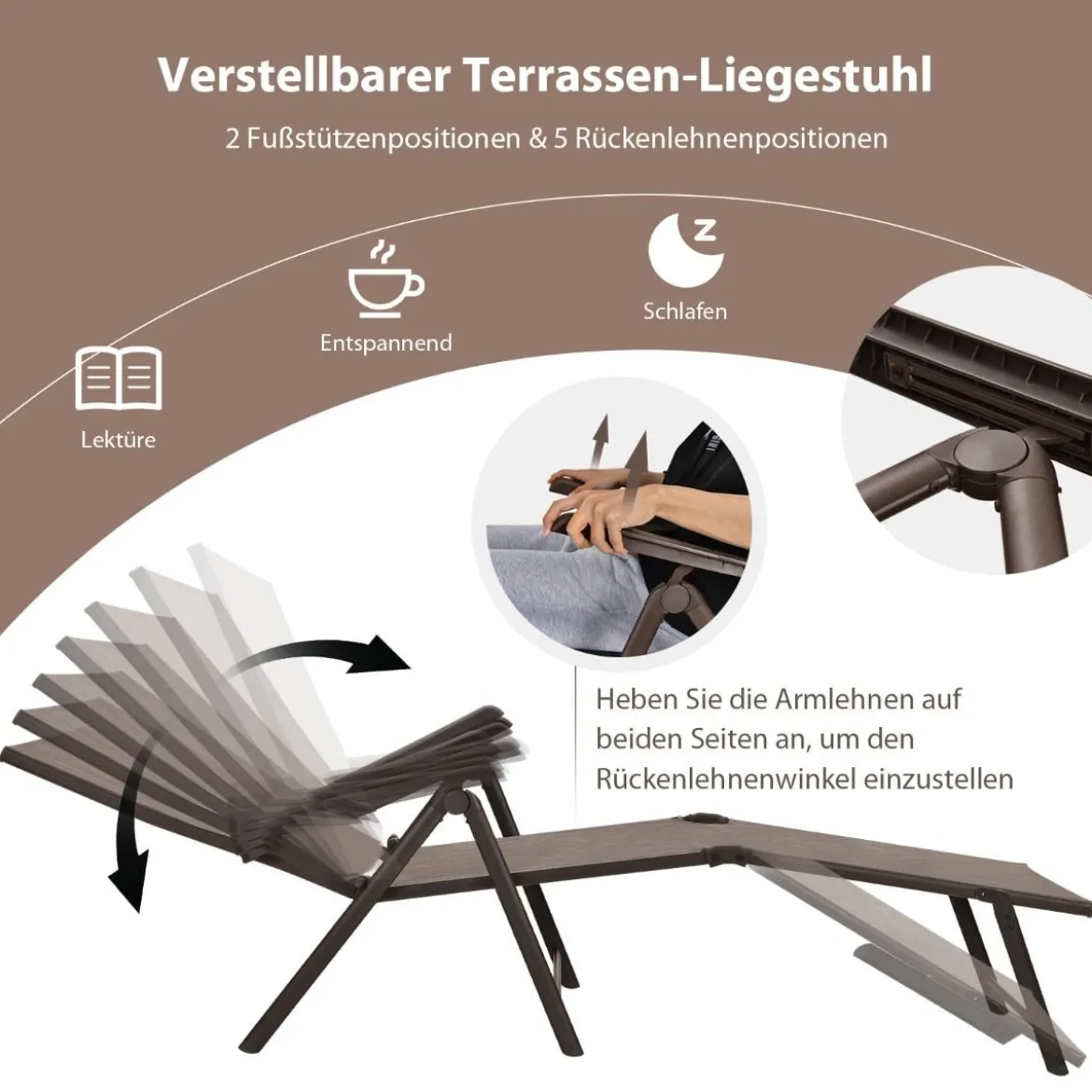 Klappbarer Terrassenliegestuhl mit 5 anpassbaren Positionen der Rückenlehne Braun