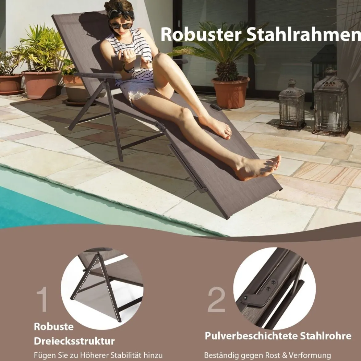 Klappbarer Terrassenliegestuhl mit 5 anpassbaren Positionen der Rückenlehne Braun