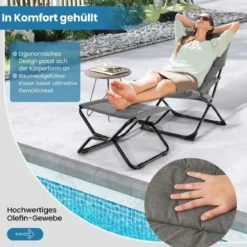 Klappbarer Terrassenstuhl mit Ottomane & Abnehmbaren Kissen Outdoor Liege Grau
