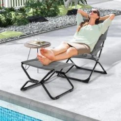 Klappbarer Terrassenstuhl mit Ottomane & Abnehmbaren Kissen Outdoor Liege Grau