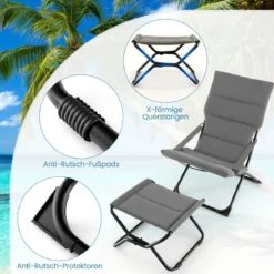 Klappbarer Terrassenstuhl mit Ottomane & Abnehmbaren Kissen Outdoor Liege Grau