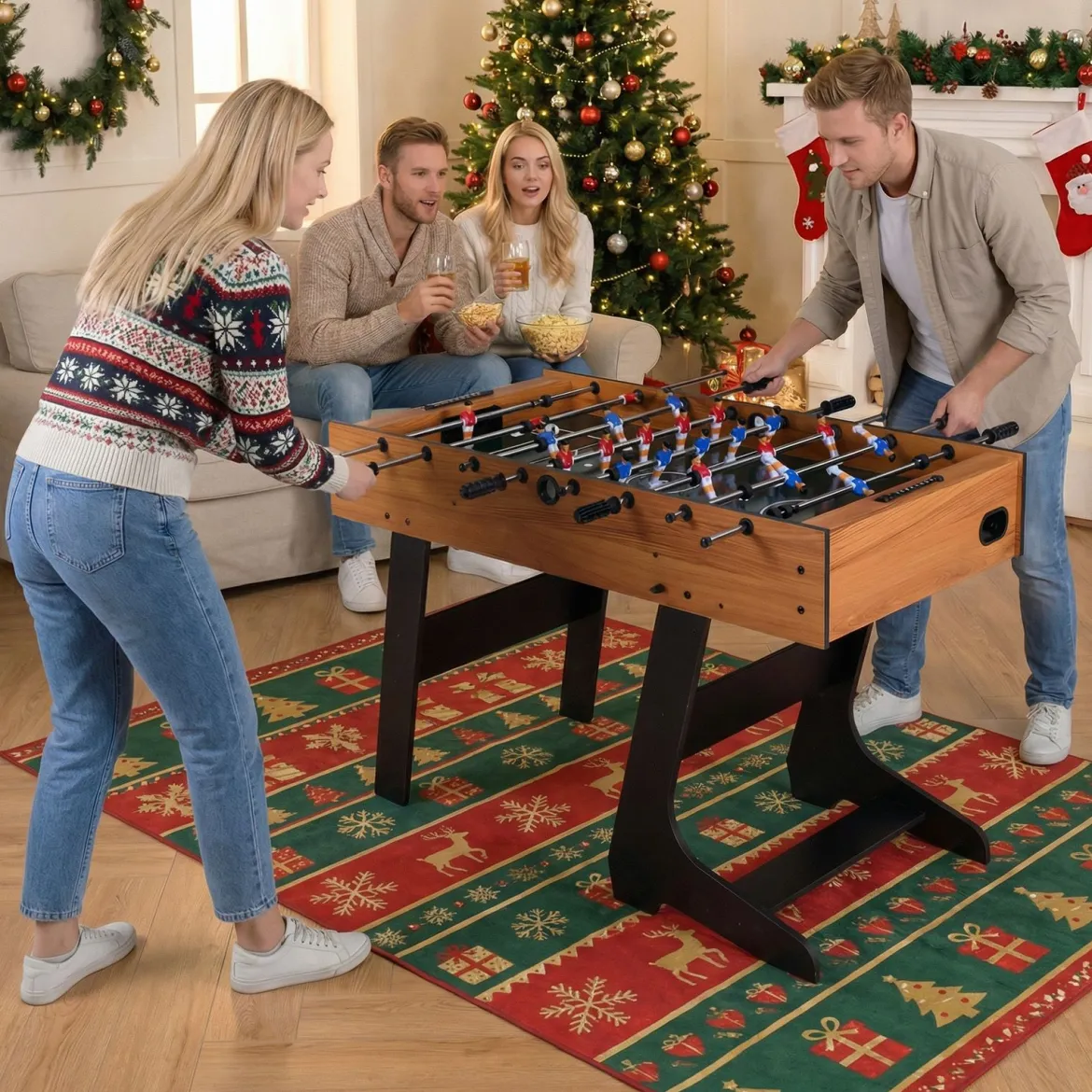 Klappbarer Tischkicker mit 22 Spielfiguren & 2 Bällen & 2 Punktezähler 120 cm Kickertisch Natur