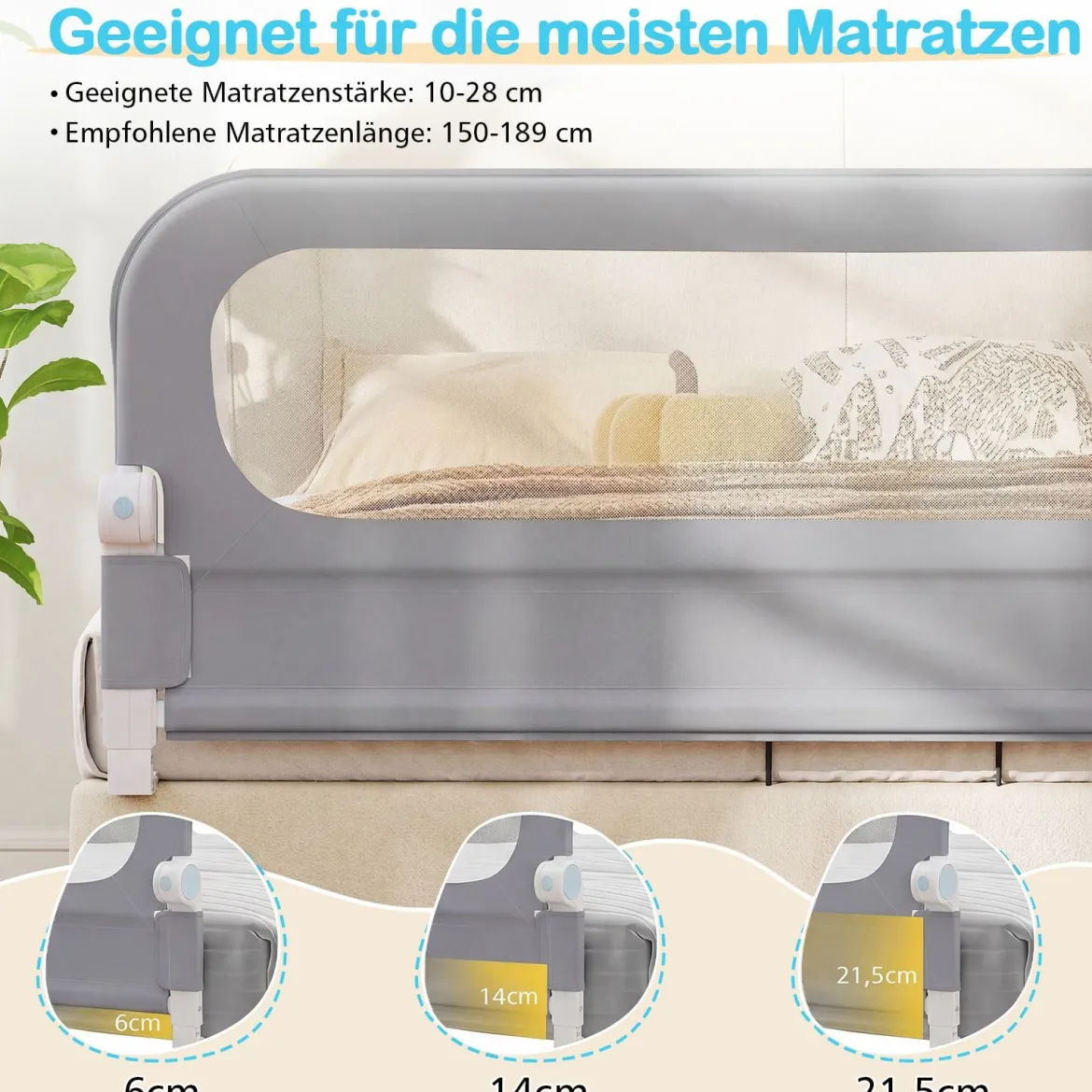 Klappbares Bettgitter für Kleinkinder verstellbares Baby-Bettgitter mit abnehmbarem Oxford-Stoffbezug Grau