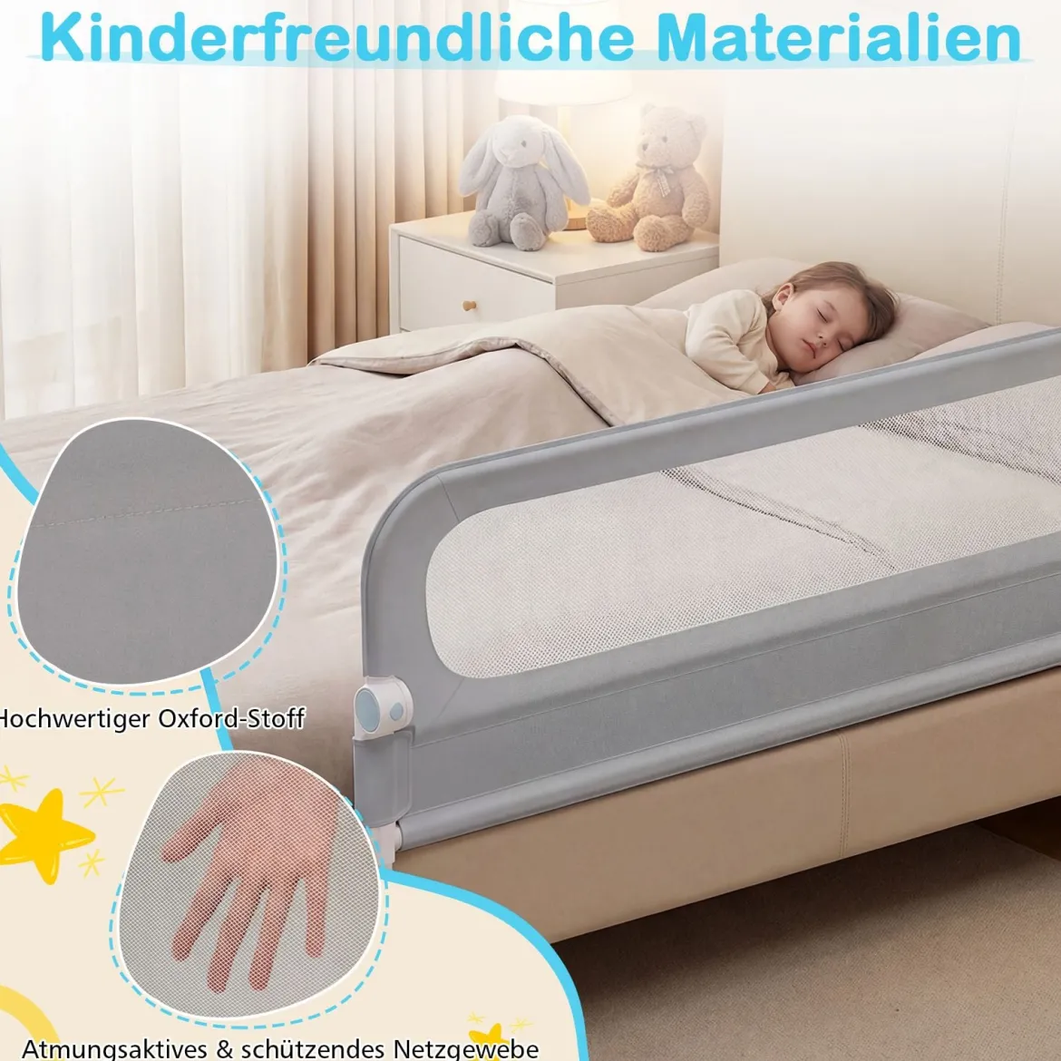 Klappbares Bettgitter für Kleinkinder verstellbares Baby-Bettgitter mit abnehmbarem Oxford-Stoffbezug Grau