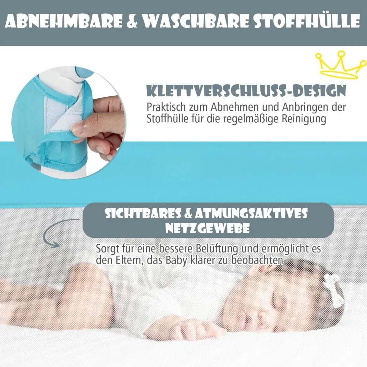 Klappbares Bettgitter mit Verstellbarer & EIN-klick-Faltung Gurte Bettschutzgitter 150 x 42cm