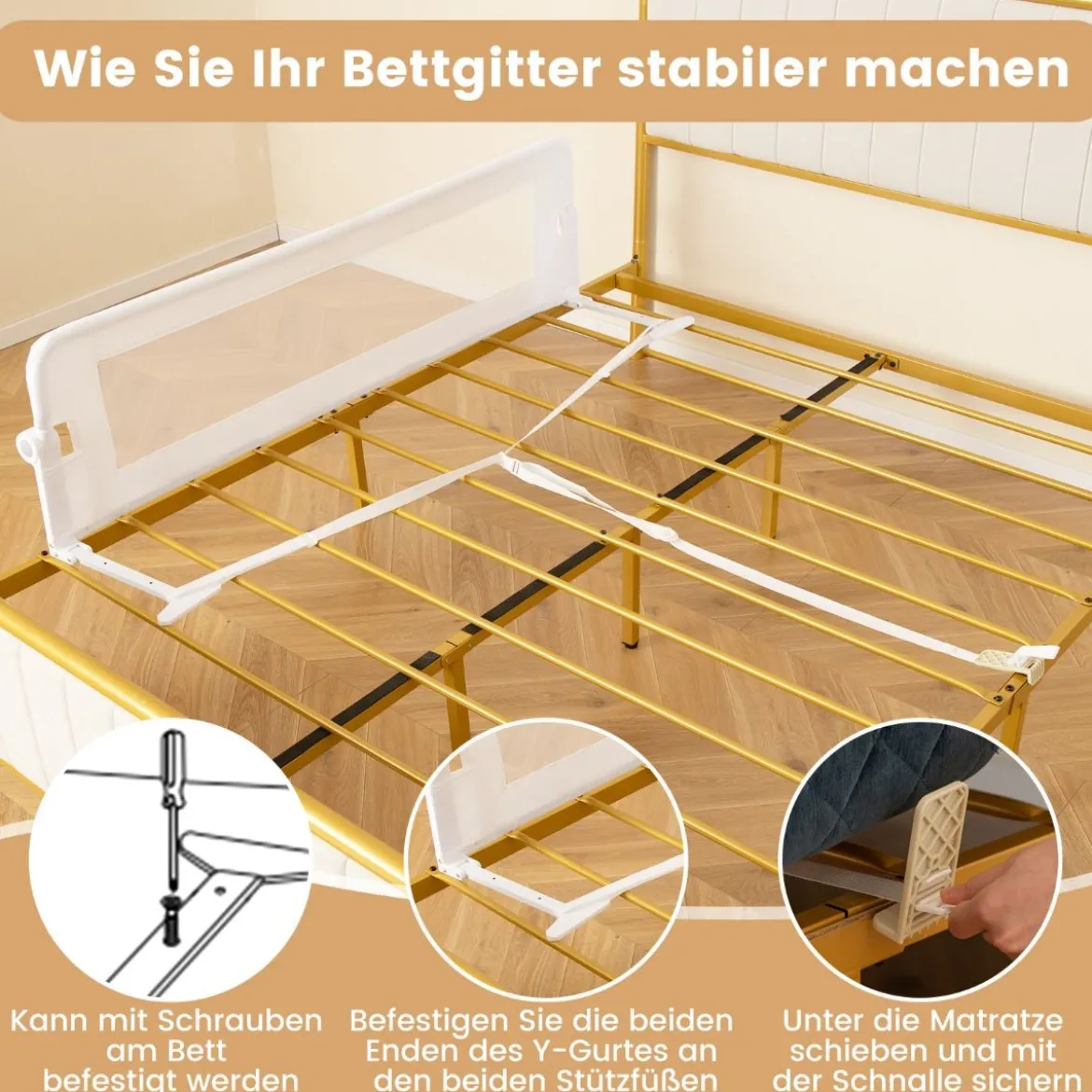 Klappbares Bettgitter mit Verstellbarer & EIN-klick-Faltung Gurte Bettschutzgitter 150 x 42cm