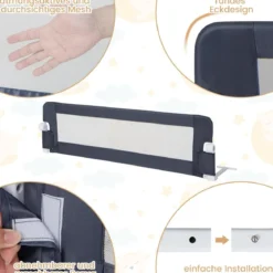 Klappbares Bettgitter mit Verstellbarer & EIN-klick-Faltung Gurte Bettschutzgitter 150 x 42cm