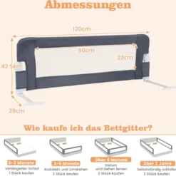 Klappbares Bettgitter mit Verstellbaren Riemen Bettschutzgitter 121 x 40,5 x 42 cm