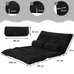 Klappbares Bodensofa Sofabett mit 2 Kissen & Rückenlehne 6-stufig Einstellbares Bodensessel Schwarz