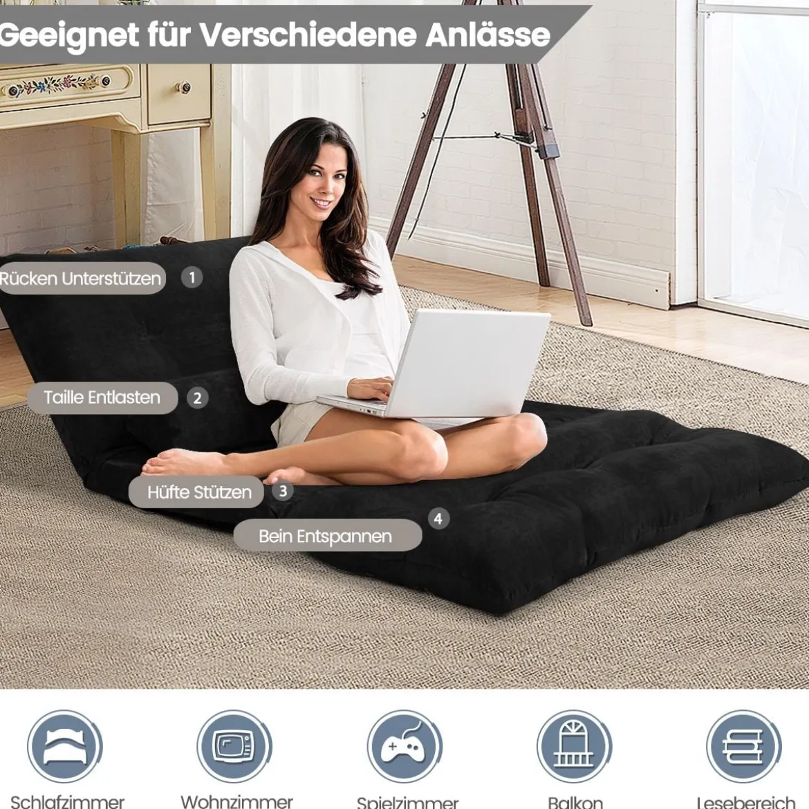 Klappbares Bodensofa Sofabett mit 2 Kissen & Rückenlehne 6-stufig Einstellbares Bodensessel Schwarz