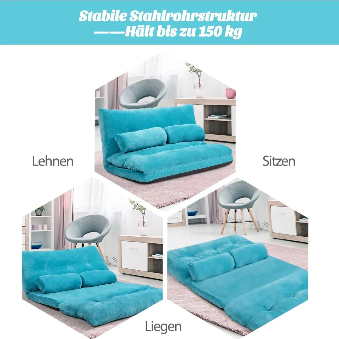 Klappbares Bodensofa Sofabett mit 2 Kissen & Rückenlehne 6-stufig Einstellbares Bodensessel Blau