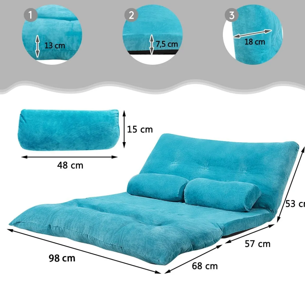 Klappbares Bodensofa Sofabett mit 2 Kissen & Rückenlehne 6-stufig Einstellbares Bodensessel Blau