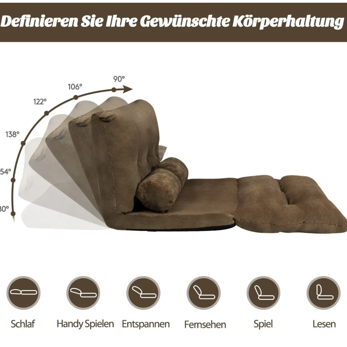 Klappbares Bodensofa Sofabett mit 2 Kissen & Rückenlehne 6-stufig Einstellbares Bodensessel Braun