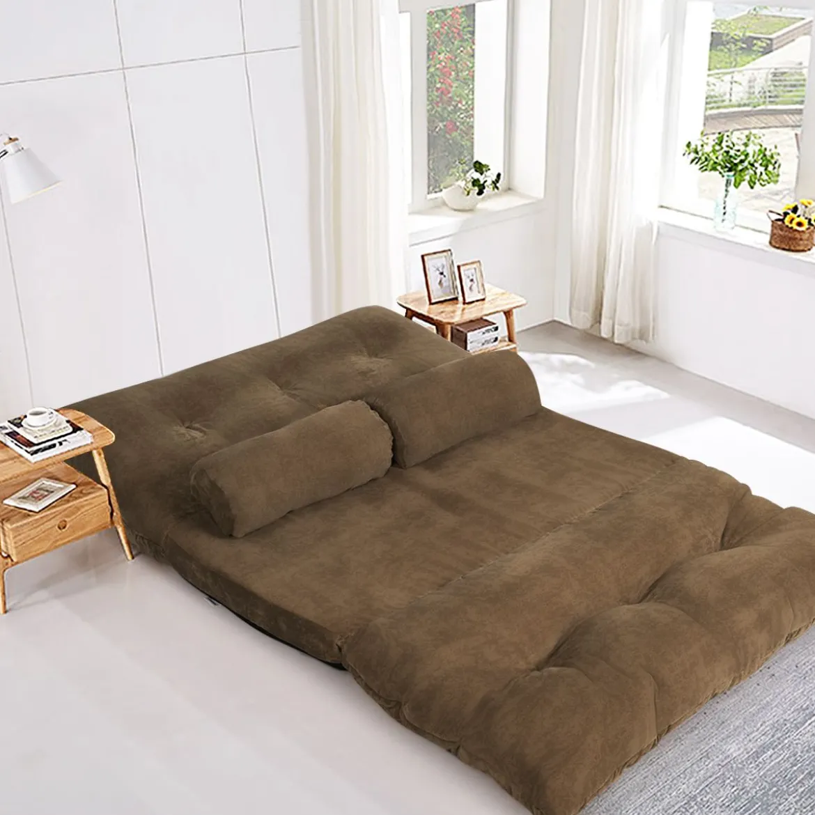 Klappbares Bodensofa Sofabett mit 2 Kissen & Rückenlehne 6-stufig Einstellbares Bodensessel Braun