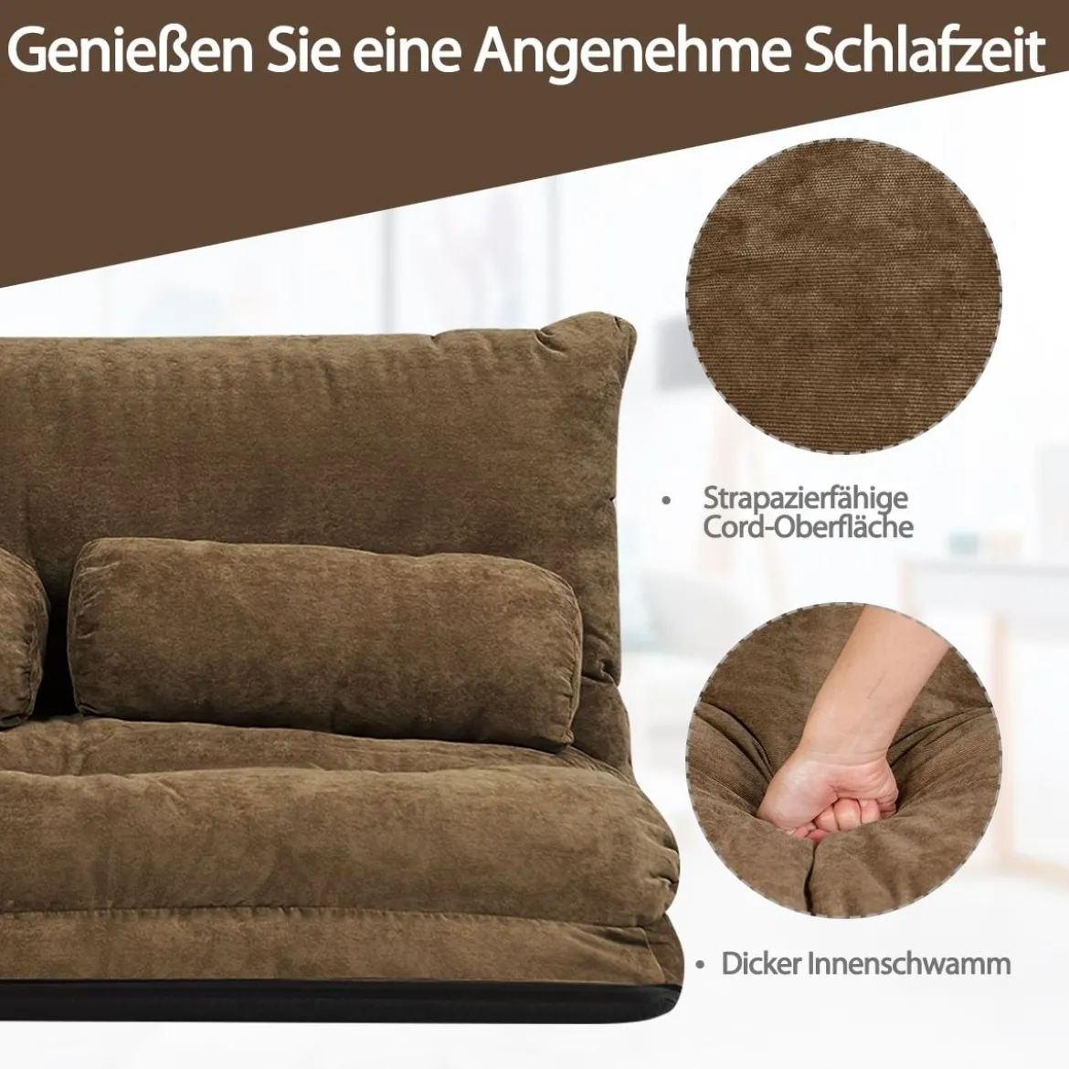 Klappbares Bodensofa Sofabett mit 2 Kissen & Rückenlehne 6-stufig Einstellbares Bodensessel Braun