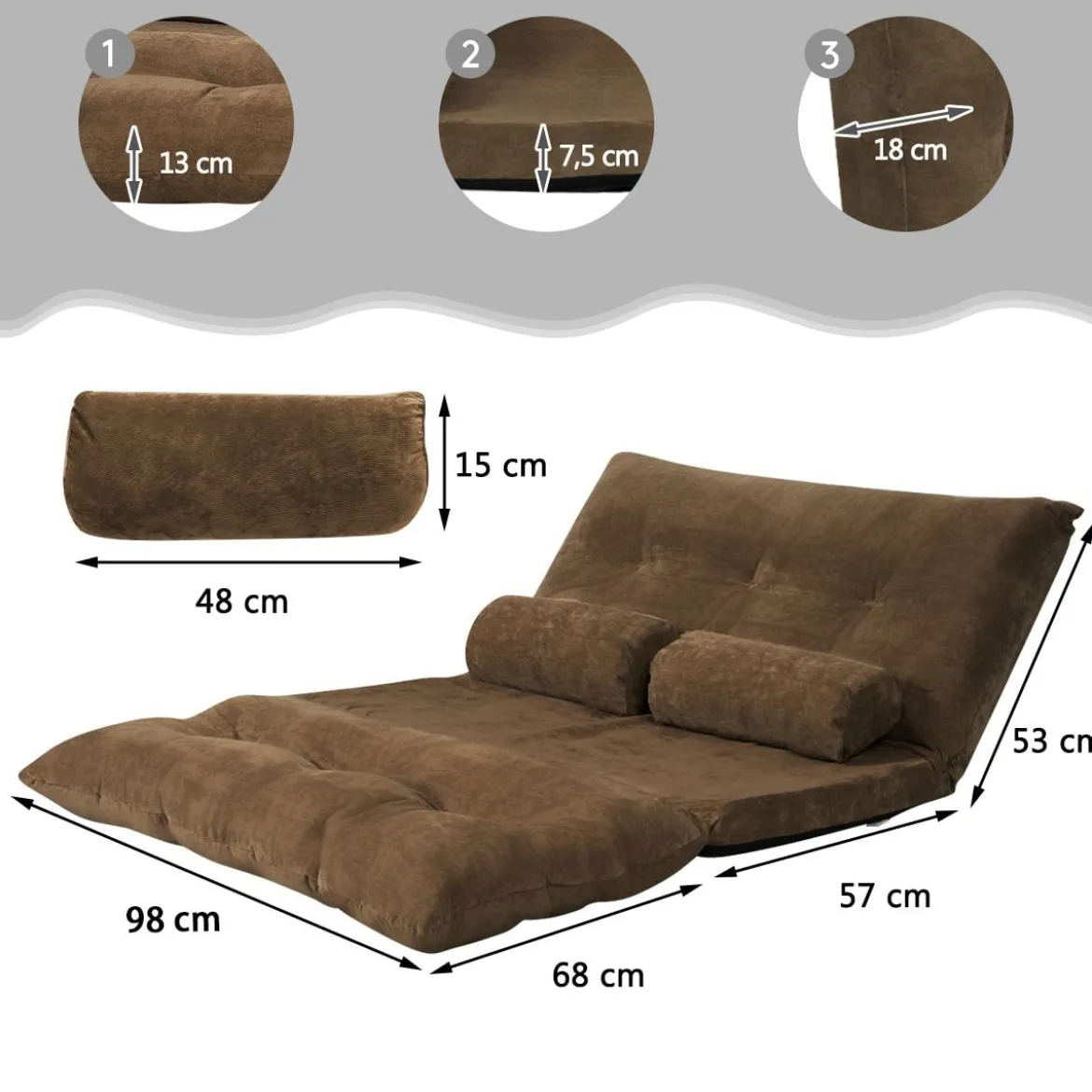 Klappbares Bodensofa Sofabett mit 2 Kissen & Rückenlehne 6-stufig Einstellbares Bodensessel Braun
