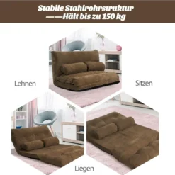 Klappbares Bodensofa Sofabett mit 2 Kissen & Rückenlehne 6-stufig Einstellbares Bodensessel Braun
