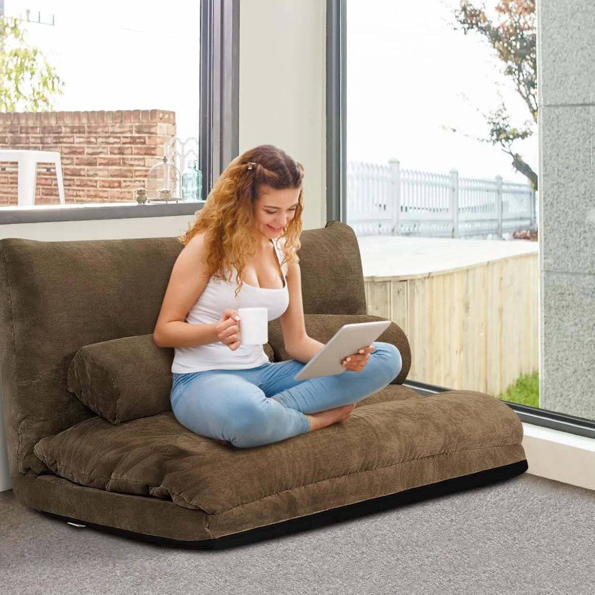 Klappbares Bodensofa Sofabett mit 2 Kissen & Rückenlehne 6-stufig Einstellbares Bodensessel Braun