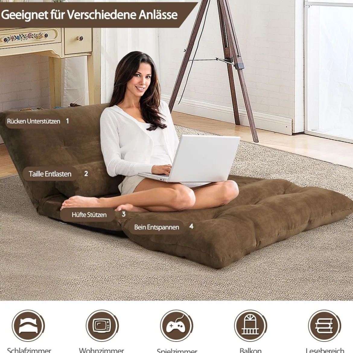 Klappbares Bodensofa Sofabett mit 2 Kissen & Rückenlehne 6-stufig Einstellbares Bodensessel Braun