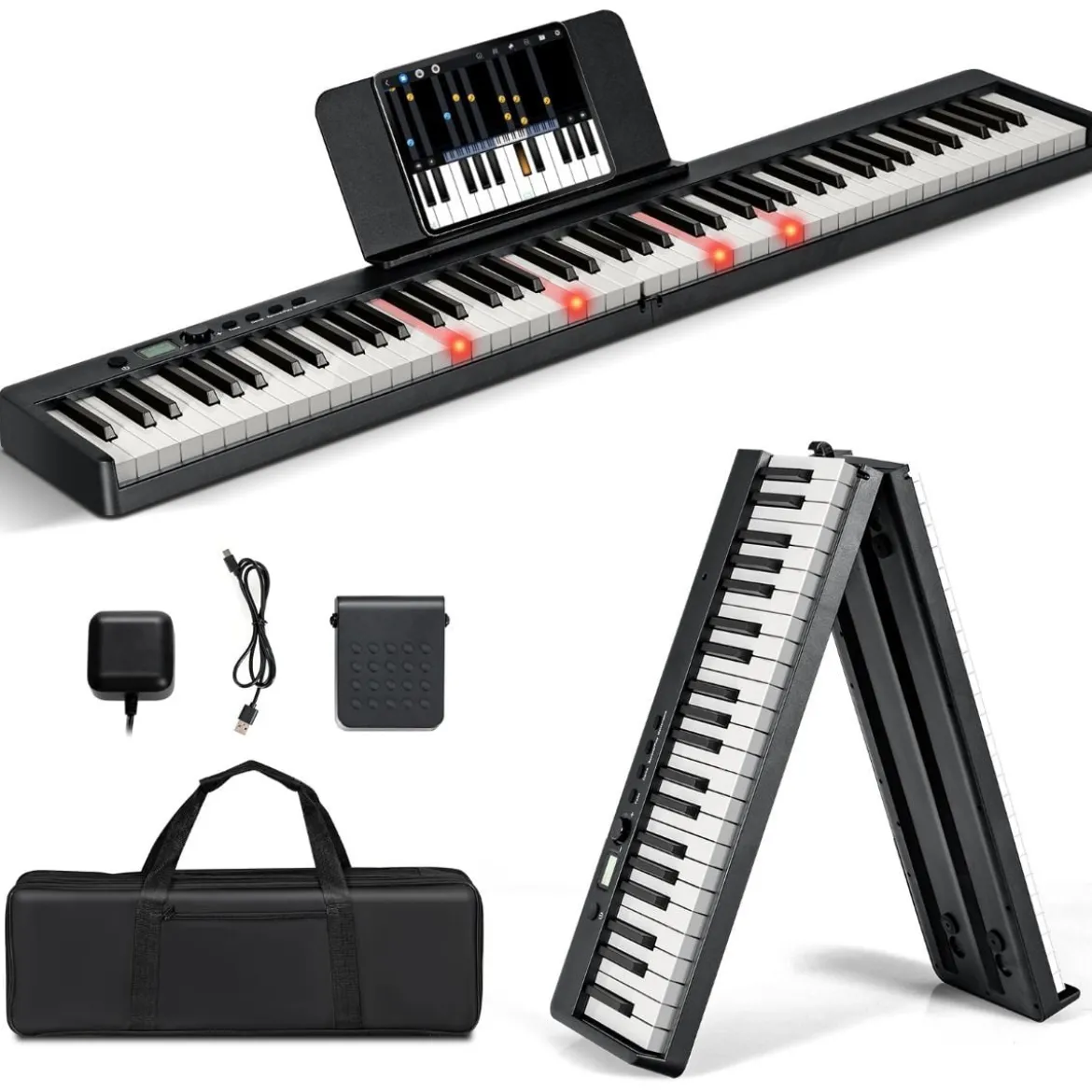 Klappbares E-Keyboard Faltbar mit 88 Beleuchteten Tasten Digitale Keyboard Digitale Keyboard Schwarz