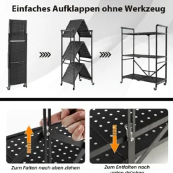 Klappbare Servierwagen mit 4 Rollen 3 Etagen Metallregal für Küche Büro Schwarz