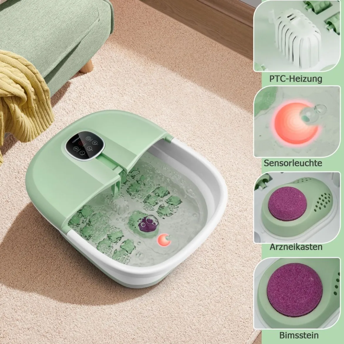 Klappbares Fußbad mit Wärme Fußbad mit Fernbedienung Massagegerät 33,5 x 41 x 20,5 cm Grün