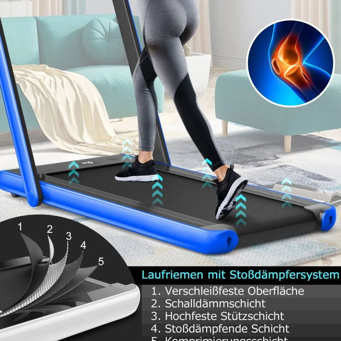 Klappbares 2-in-1-Laufband Heimtrainer mit zwei LED-Anzeigen APP & Fernbedienung Blau