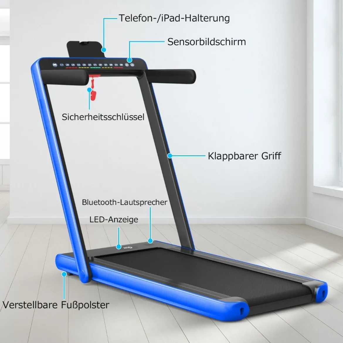 Klappbares 2-in-1-Laufband Heimtrainer mit zwei LED-Anzeigen APP & Fernbedienung Blau
