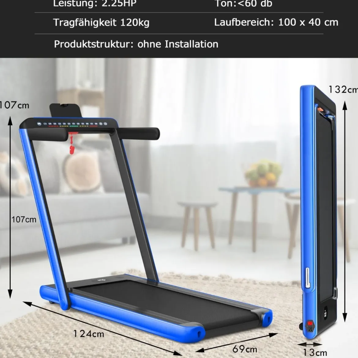 Klappbares 2-in-1-Laufband Heimtrainer mit zwei LED-Anzeigen APP & Fernbedienung Blau
