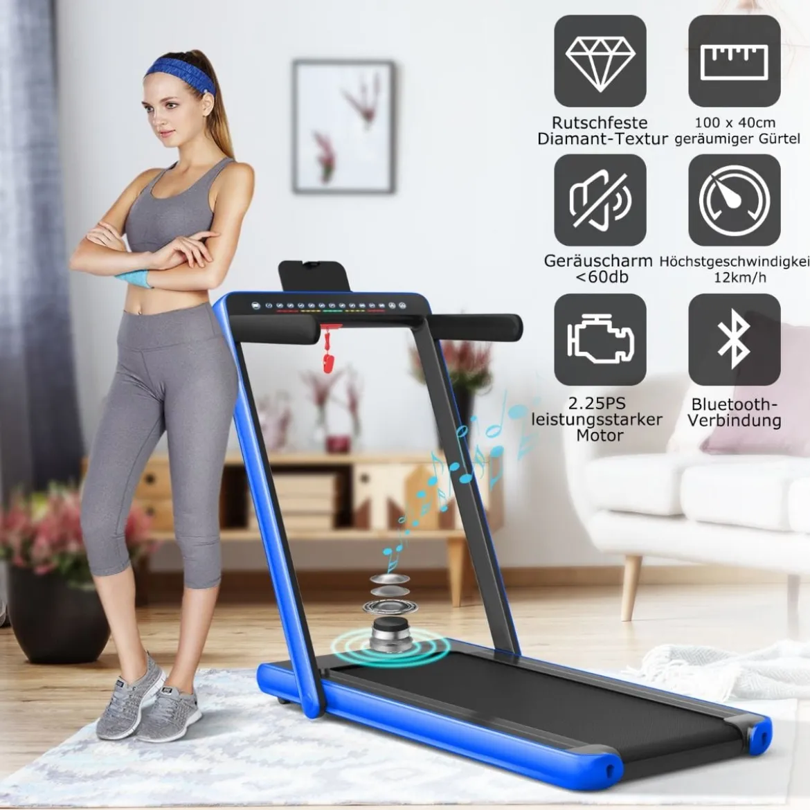 Klappbares 2-in-1-Laufband Heimtrainer mit zwei LED-Anzeigen APP & Fernbedienung Blau