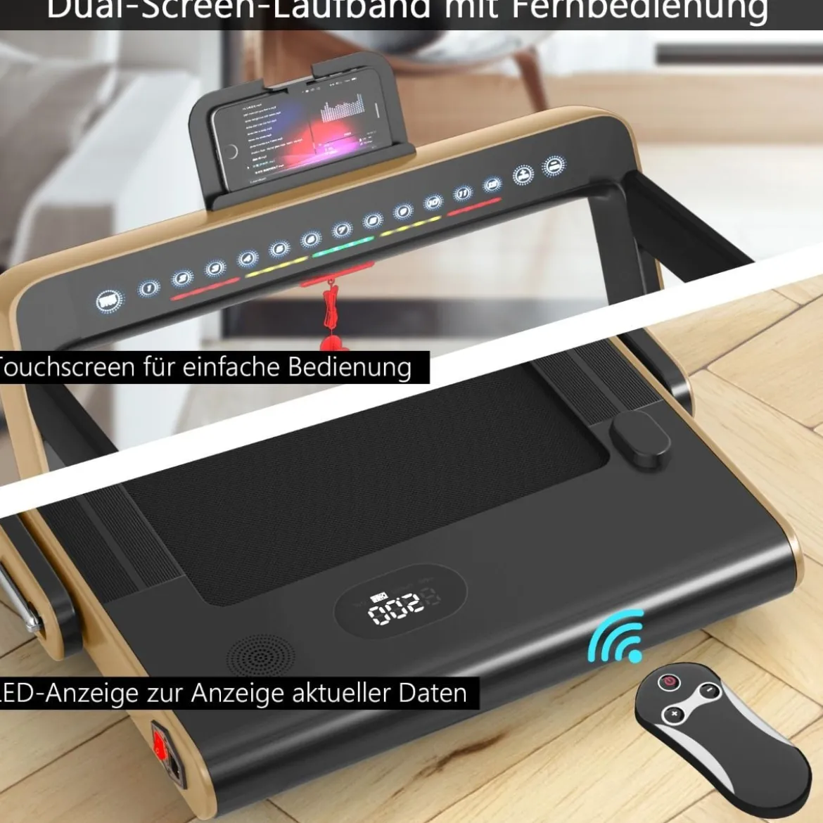 Klappbares 2-in-1-Laufband Heimtrainer mit zwei LED-Anzeigen APP & Fernbedienung Gelb