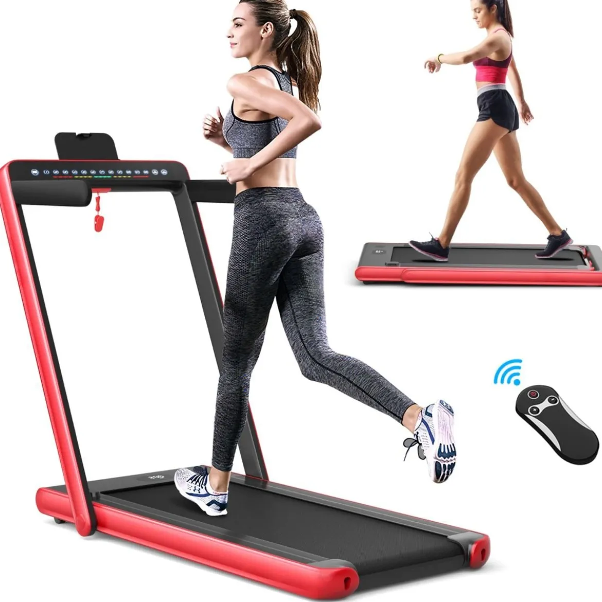 Klappbares 2-in-1-Laufband Heimtrainer mit zwei LED-Anzeigen APP & Fernbedienung Rot