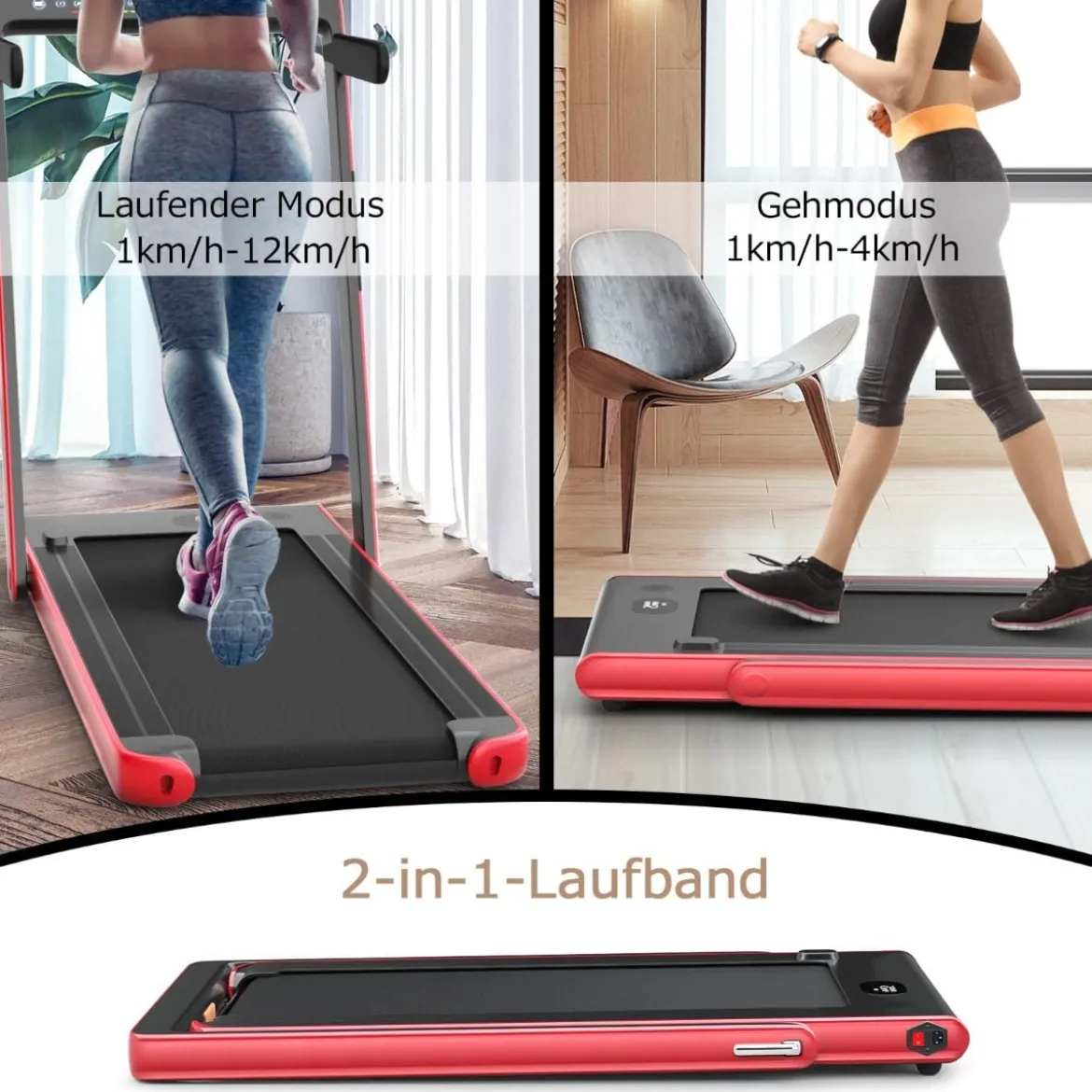 Klappbares 2-in-1-Laufband Heimtrainer mit zwei LED-Anzeigen APP & Fernbedienung Rot