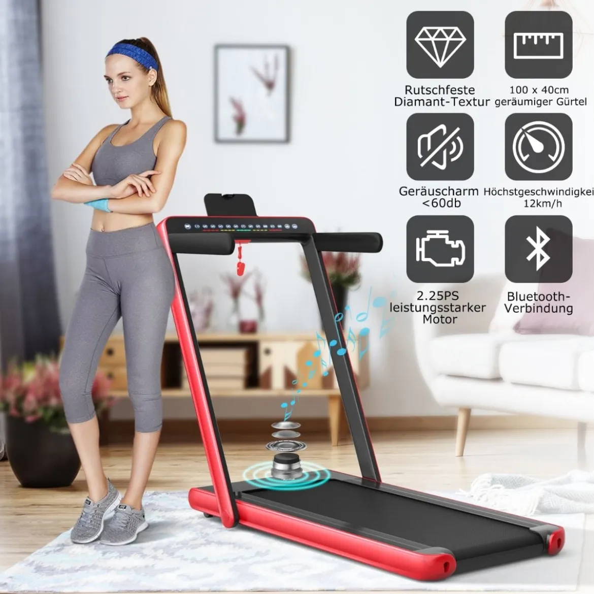 Klappbares 2-in-1-Laufband Heimtrainer mit zwei LED-Anzeigen APP & Fernbedienung Rot