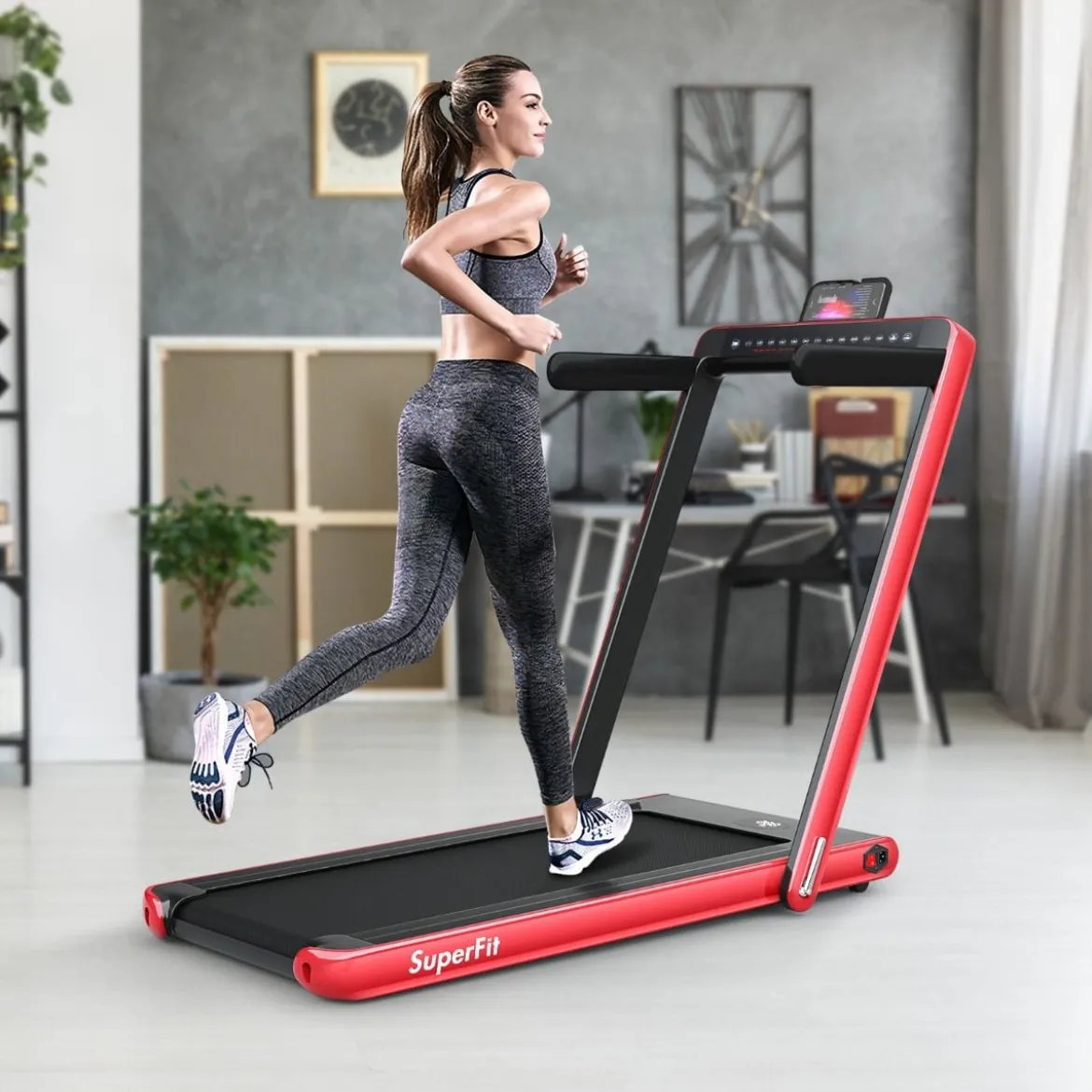 Klappbares 2-in-1-Laufband Heimtrainer mit zwei LED-Anzeigen APP & Fernbedienung Rot