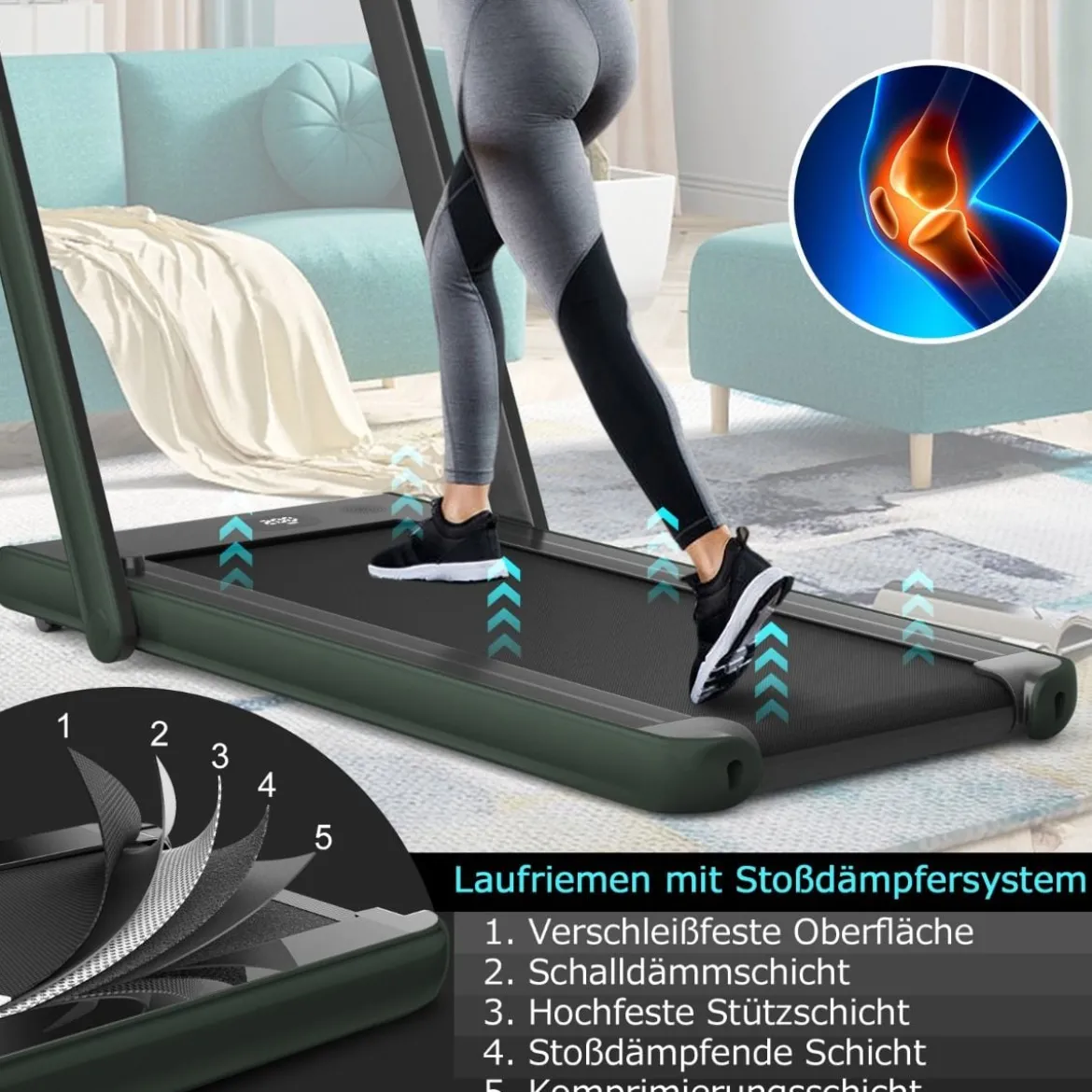Klappbares 2-in-1-Laufband Heimtrainer mit zwei LED-Anzeigen APP & Fernbedienung Grün