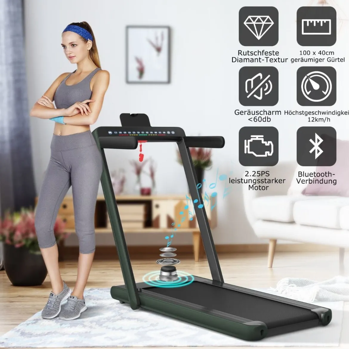 Klappbares 2-in-1-Laufband Heimtrainer mit zwei LED-Anzeigen APP & Fernbedienung Grün