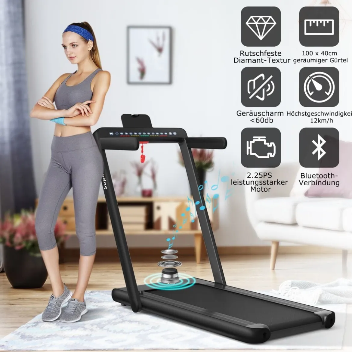 Klappbares 2-in-1-Laufband Heimtrainer mit zwei LED-Anzeigen APP & Fernbedienung Schwarz