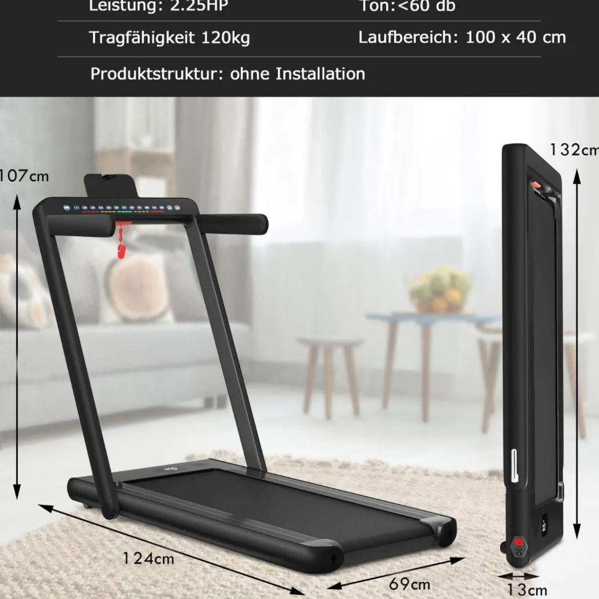 Klappbares 2-in-1-Laufband Heimtrainer mit zwei LED-Anzeigen APP & Fernbedienung Schwarz