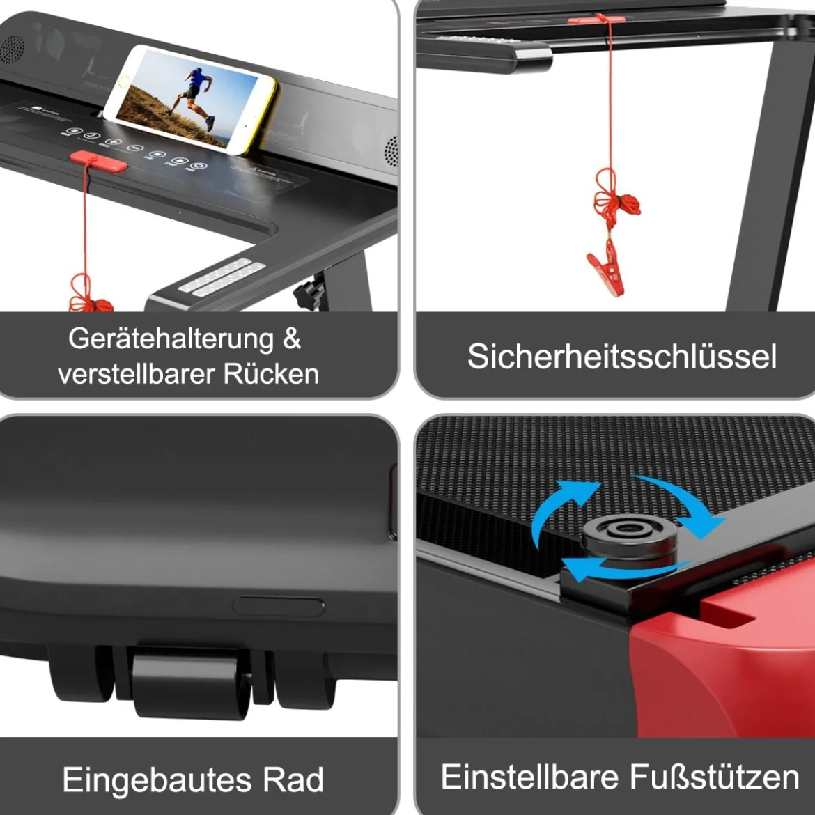 Klappbares Laufband für Zuhause mit Steuerung per App Bluetooth-Lautsprecher Rot
