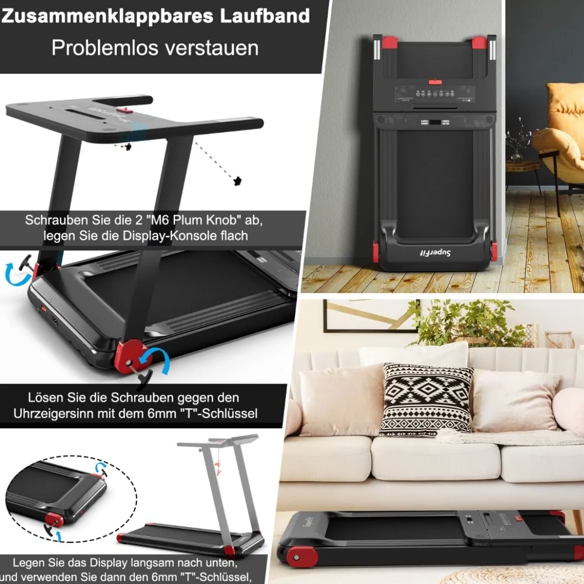 Klappbares Laufband für Zuhause mit Steuerung per App Bluetooth-Lautsprecher Rot