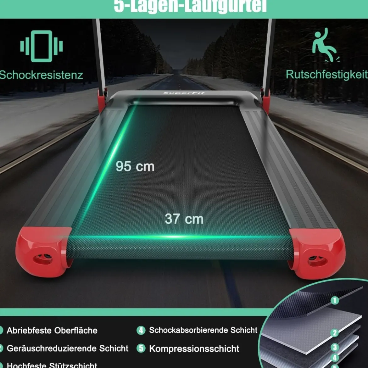 Klappbares Laufband für Zuhause mit Steuerung per App Bluetooth-Lautsprecher Rot