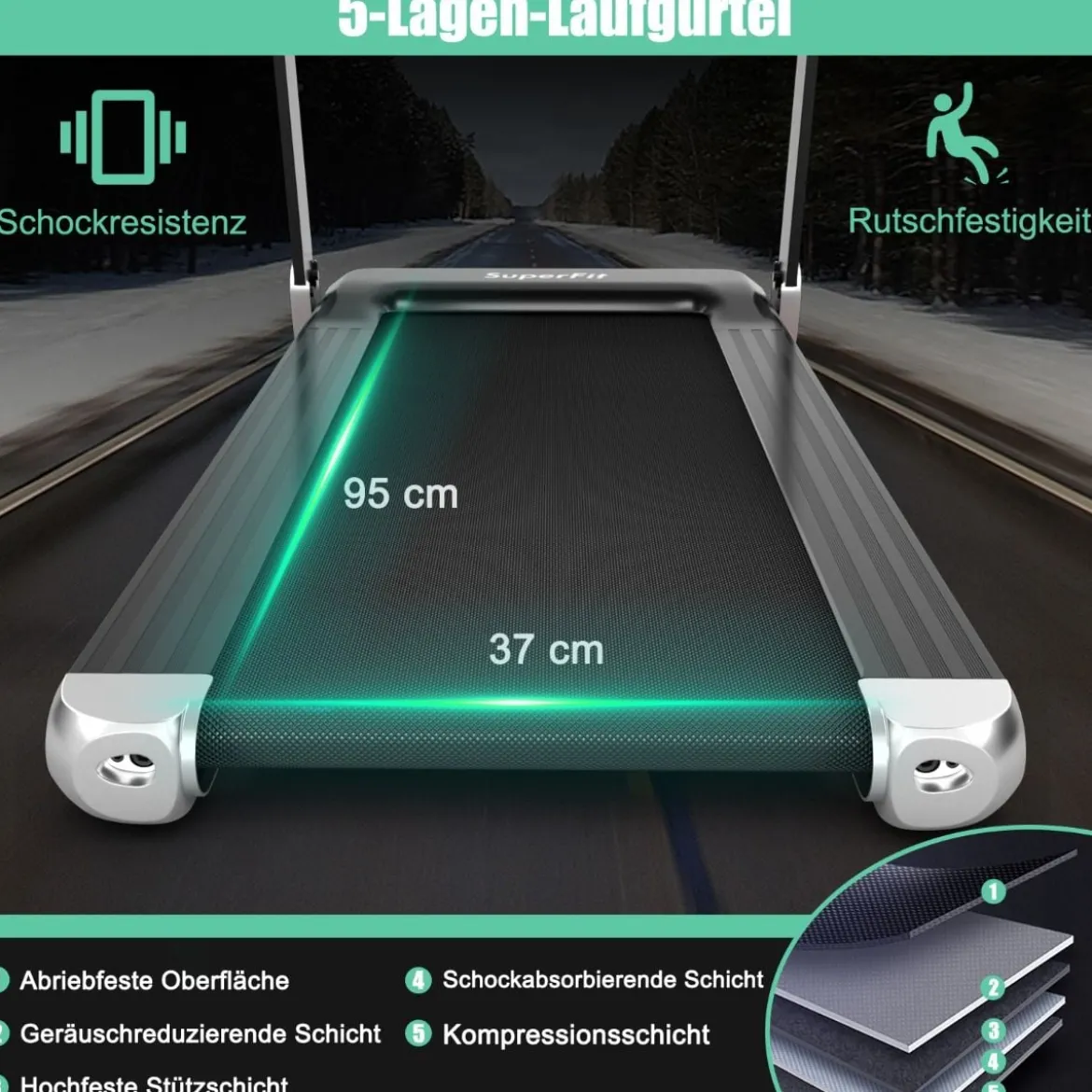 Klappbares Laufband für Zuhause mit Bluetooth-Lautsprecher & LED-Anzeige und Gerätehalter Silbern